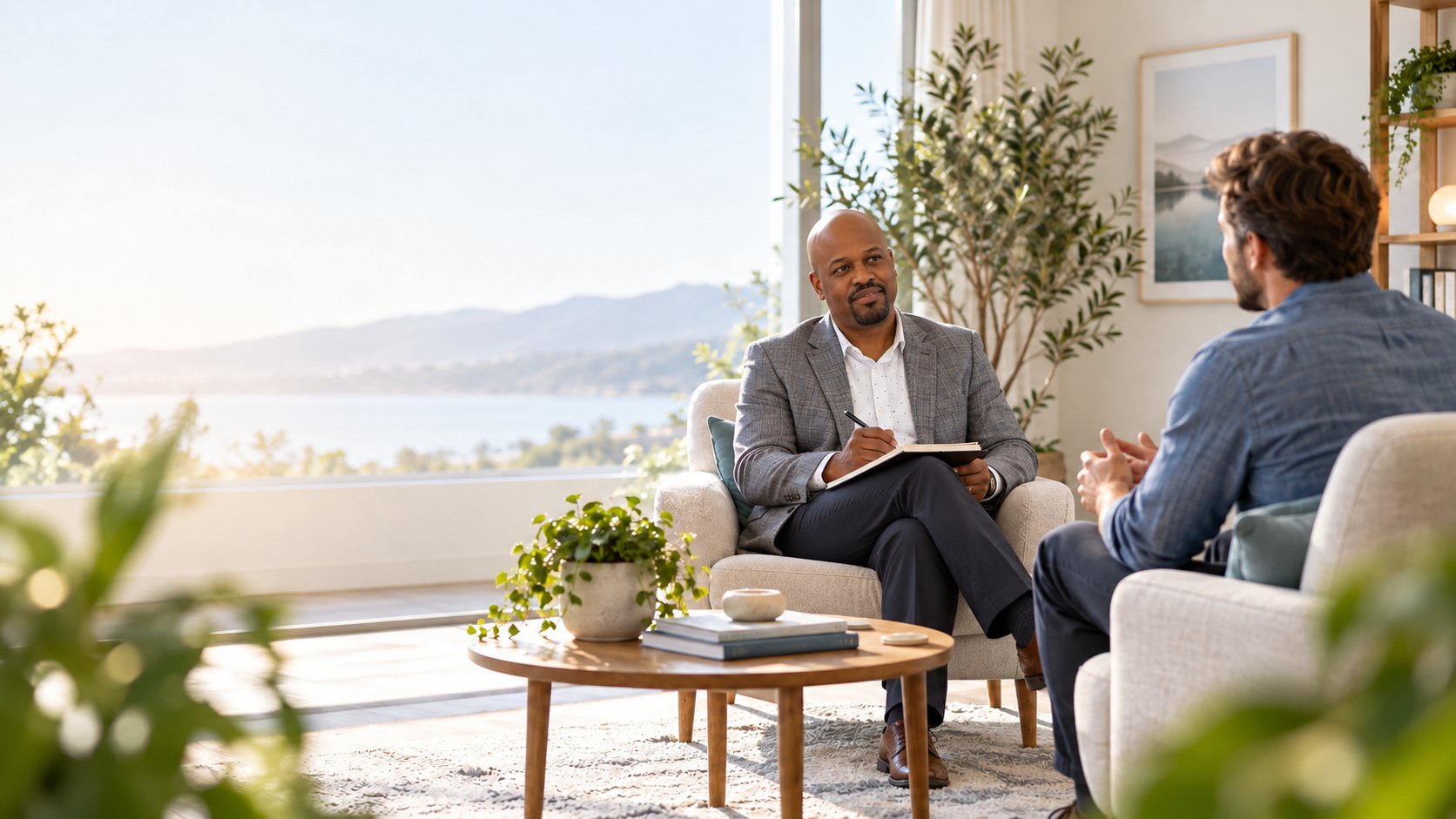 A therapy session in a calm, light-filled room