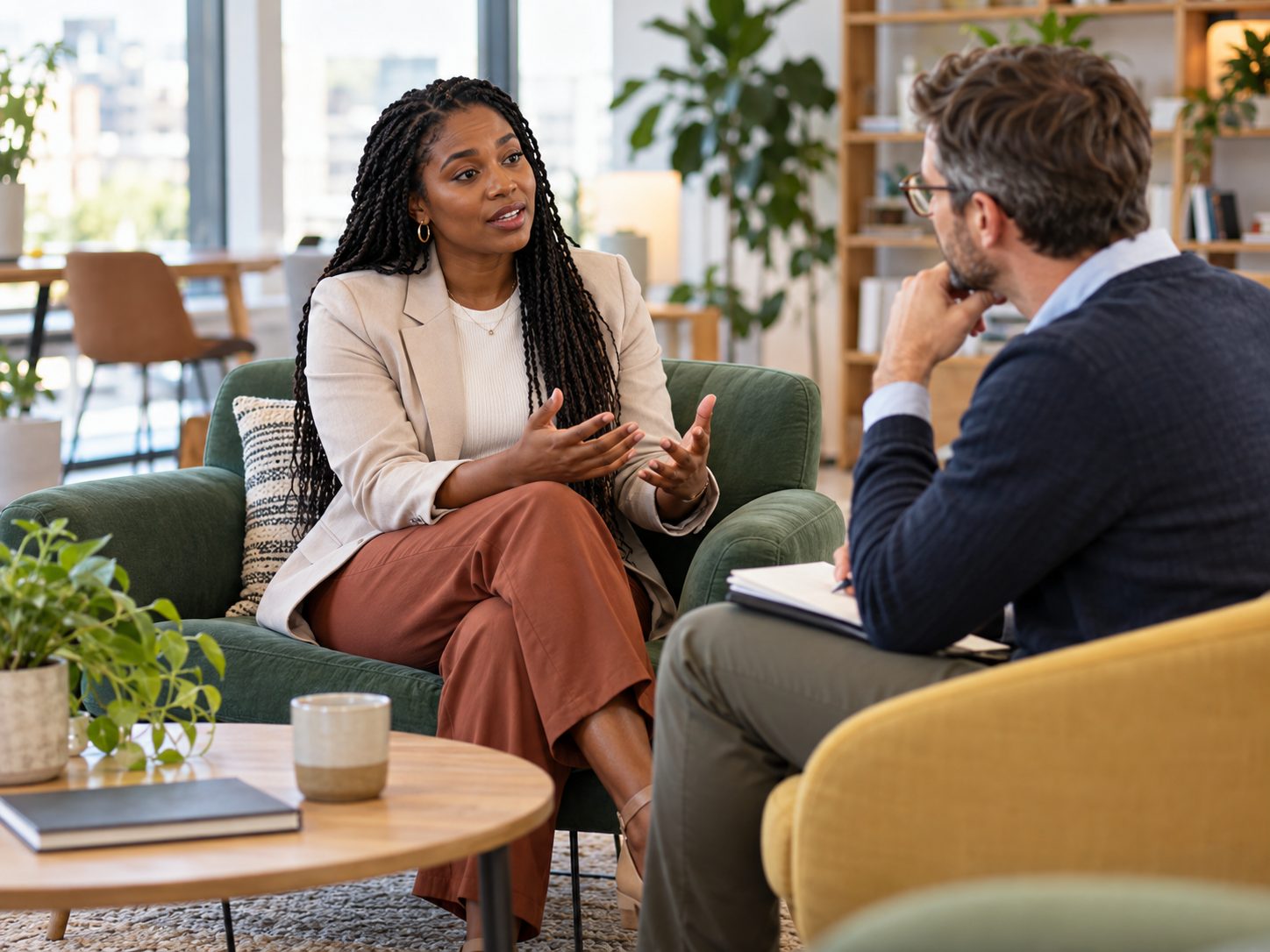 A client talking with a therapist